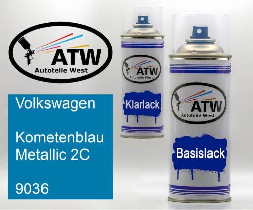 Volkswagen, Kometenblau Metallic 2C, 9036: 400ml Sprühdose + 400ml Klarlack - Set, von ATW Autoteile West.